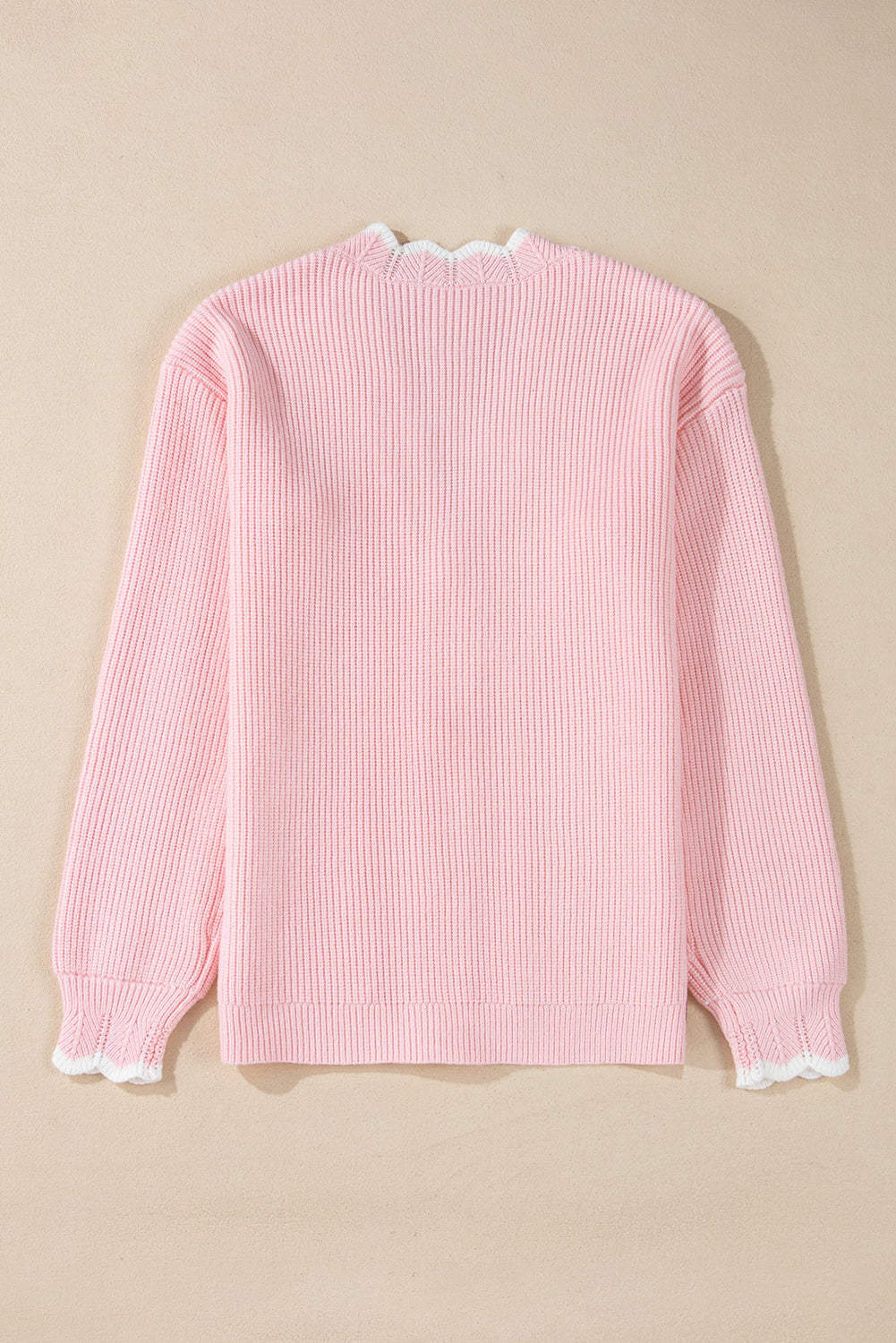 Ribbed Knit Scalloped Edge Side Pockets Buttoned Cardigan | Pink