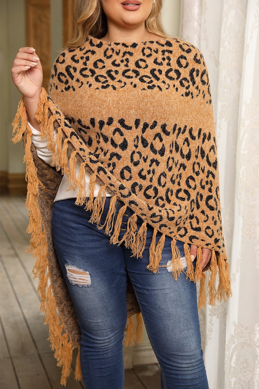 Plus Size Tasseled Hem Draped Poncho | Leopard