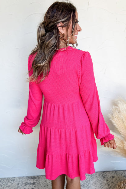 Colourful Crochet V Neck Textured Tiered Ruffled Long Sleeve Mini Dress | Rose Red