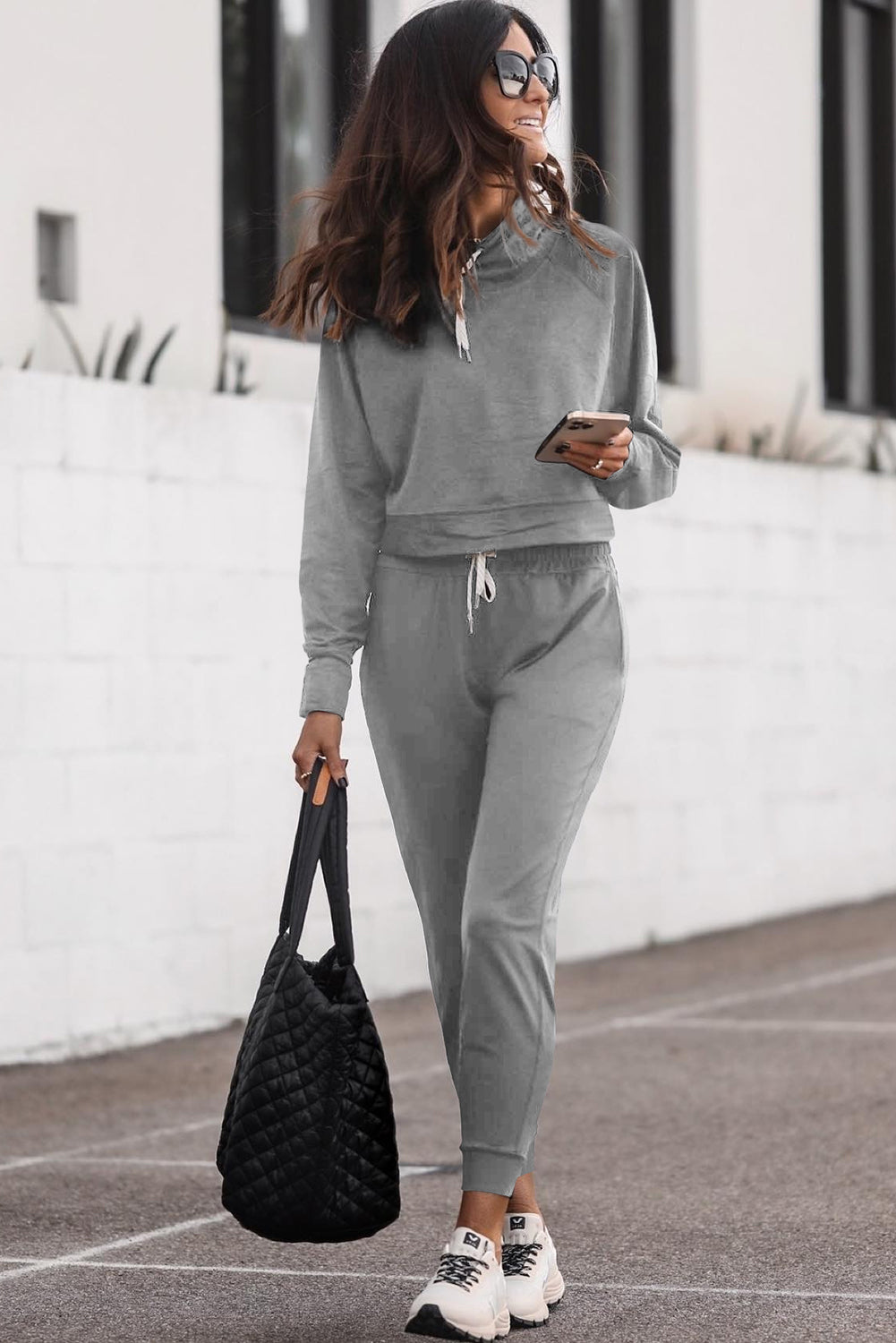 Drawstring Hoodie And High Waist Pants Lounge Set | Gray