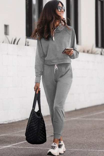 Drawstring Hoodie And High Waist Pants Lounge Set | Gray