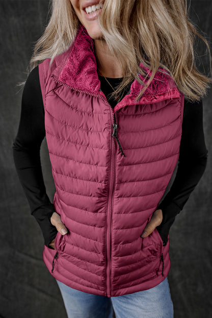 Plush Collared Quilted Zipped Puffer Vest | Burgundy