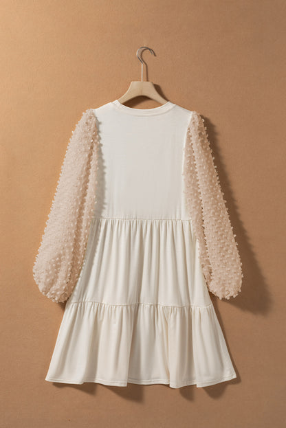 Embellished Puff Sleeve Tiered A-Line Dress | Beige