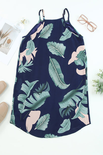 Palm Tree Leaf Print Navy Sleeveless Dress | as shown