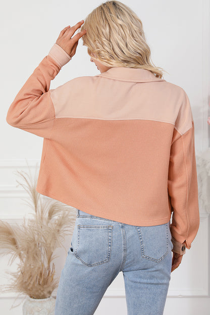 Textured Waffle Knit Chest Pockets Cropped Shacket | Orange