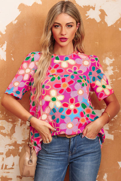 Boho Flower Print Puff Short Sleeve Top | Purple