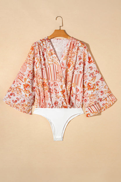 Floral Print Ruffled Bell Sleeve V Neck Bodysuit | Orange