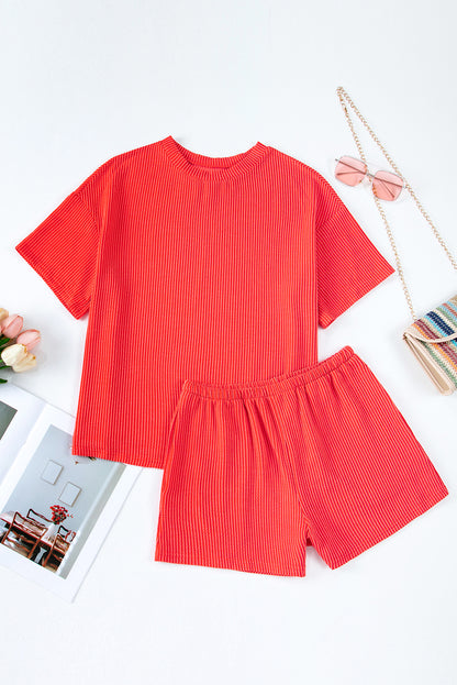 Ribbed Textured Knit Loose Fit Tee And Shorts Set | Orange