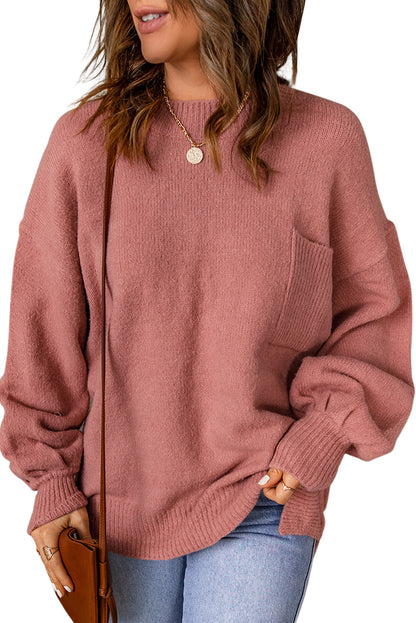 Solid Colour Puffy Sleeve Pocketed Sweater | Red