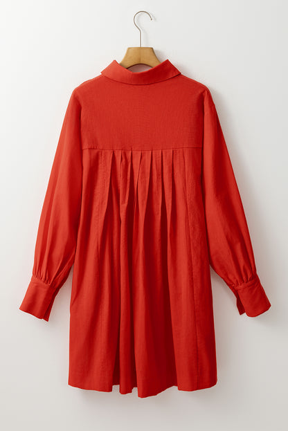 Bishop Sleeve Button Up Pleated Mini Shirt Dress | Tomato Red