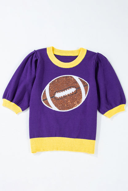 Sequin Rugby Colour Block Puff Short Sleeve Sweater | Purple