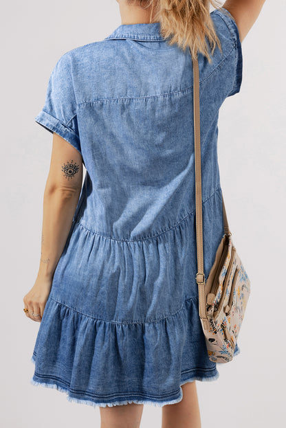 Acid Wash V Neck Tiered Denim Dress | Sky Blue