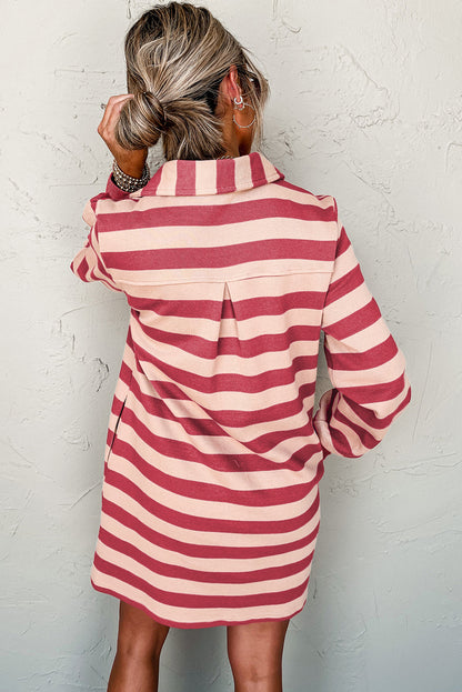 Collared V Neck Long Sleeve Loose Casual Dress | Pink Stripe