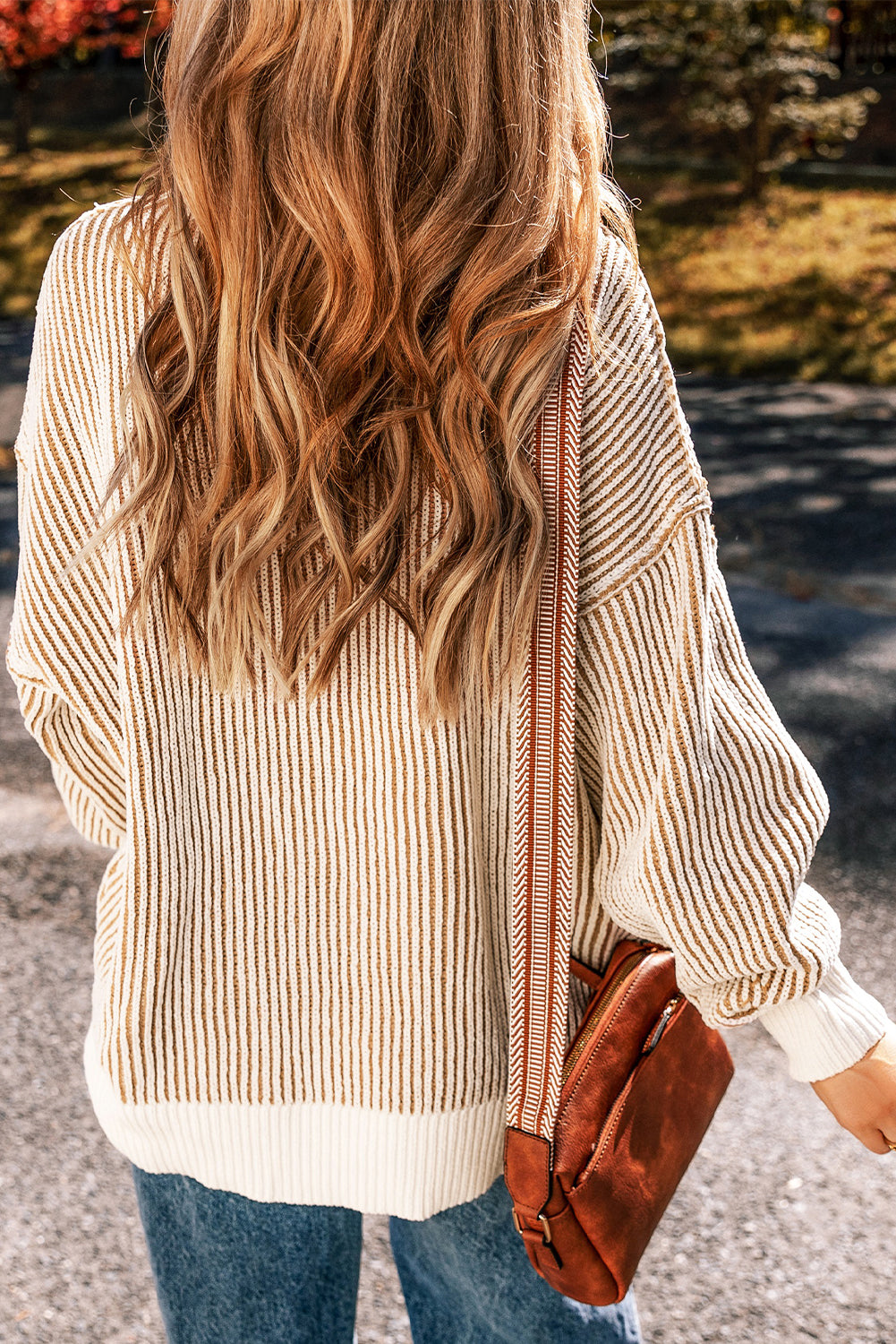 Striped Textured Knit Contrast Edge Loose Sweater | Chestnut