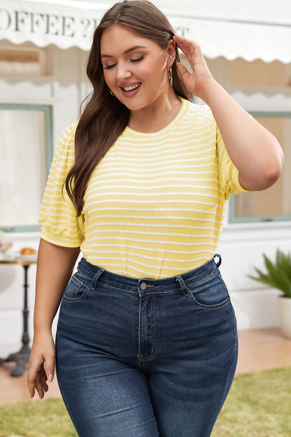 Short Puff Sleeve Plus Size Jumper | Yellow Stripe