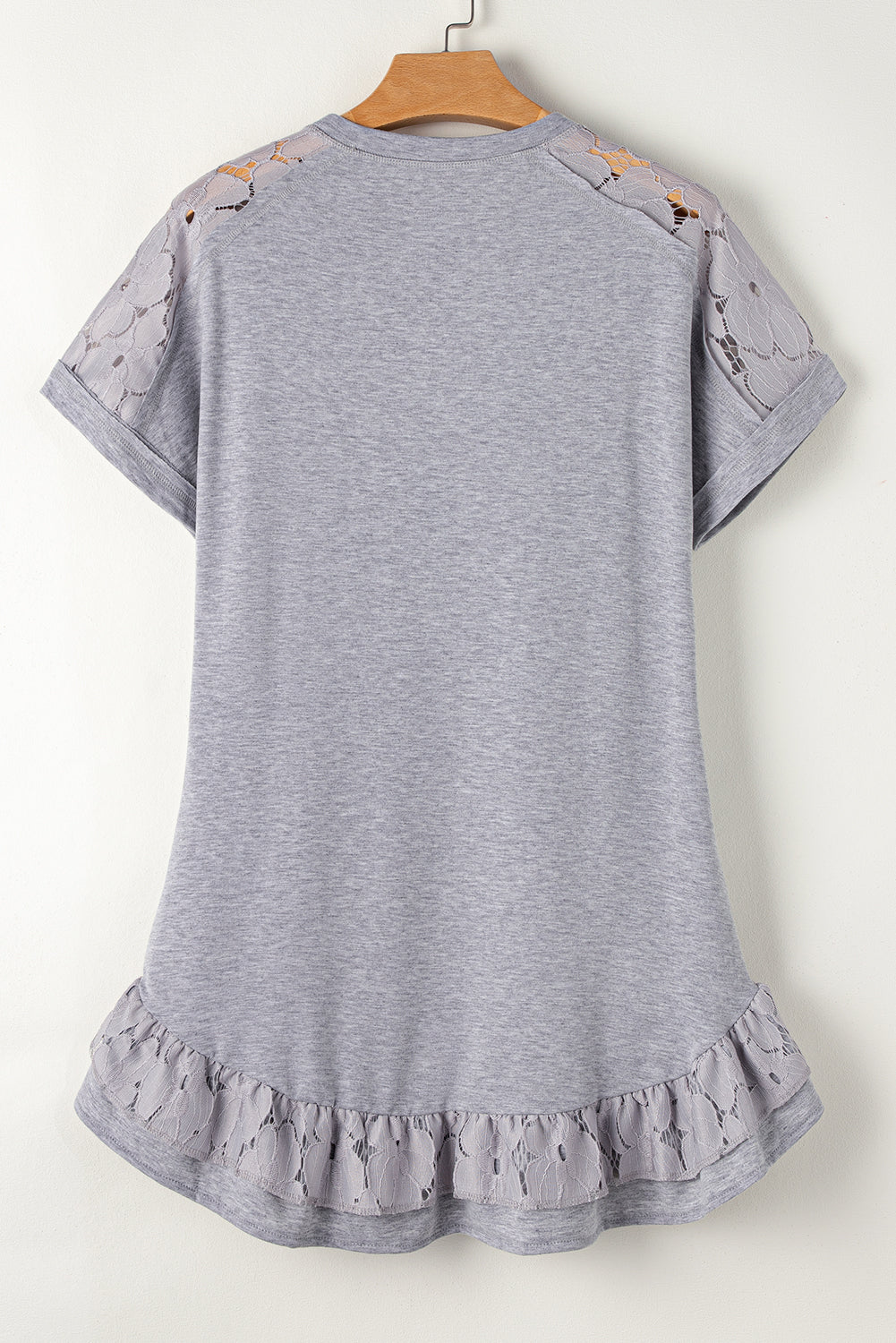 Lace Floral Patchwork Ruffled T-Shirt Dress | Light Grey