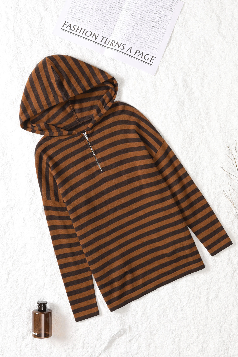 Striped Knit Quarter Zip Hoodie | Brown