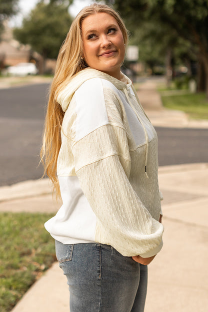 Textured Patchwork Exposed Seam Plus Size Hoodie | Beige