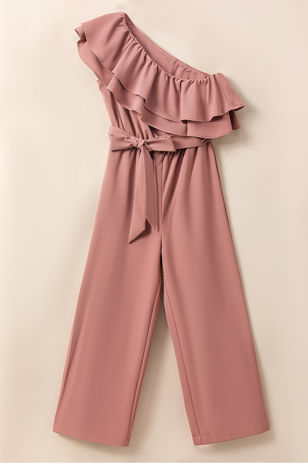 One Shoulder Ruffle Trim Belted Jumpsuit | Dusty Pink