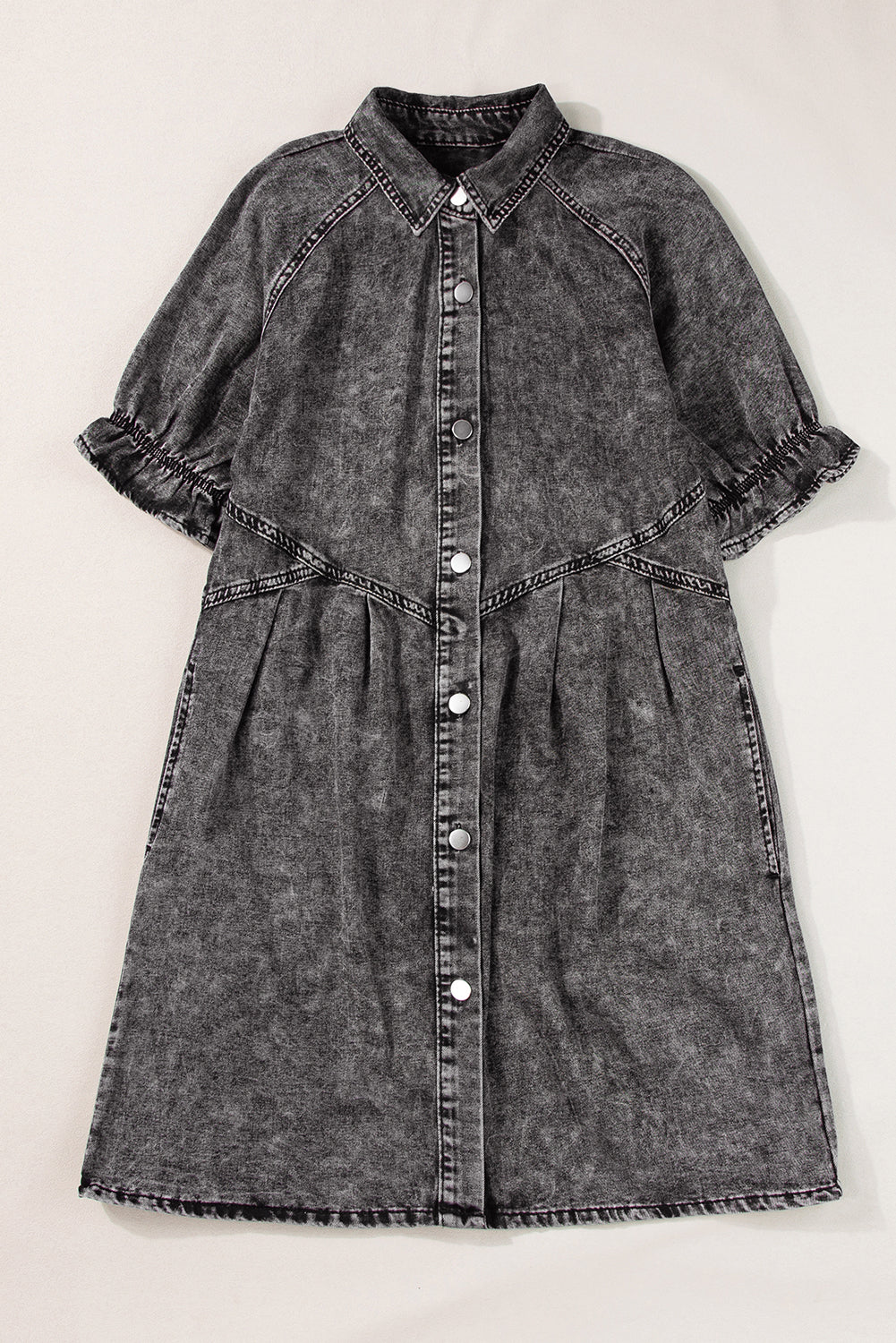 Mineral Wash Ruffled Short Sleeve Buttoned Denim Dress | Medium Grey