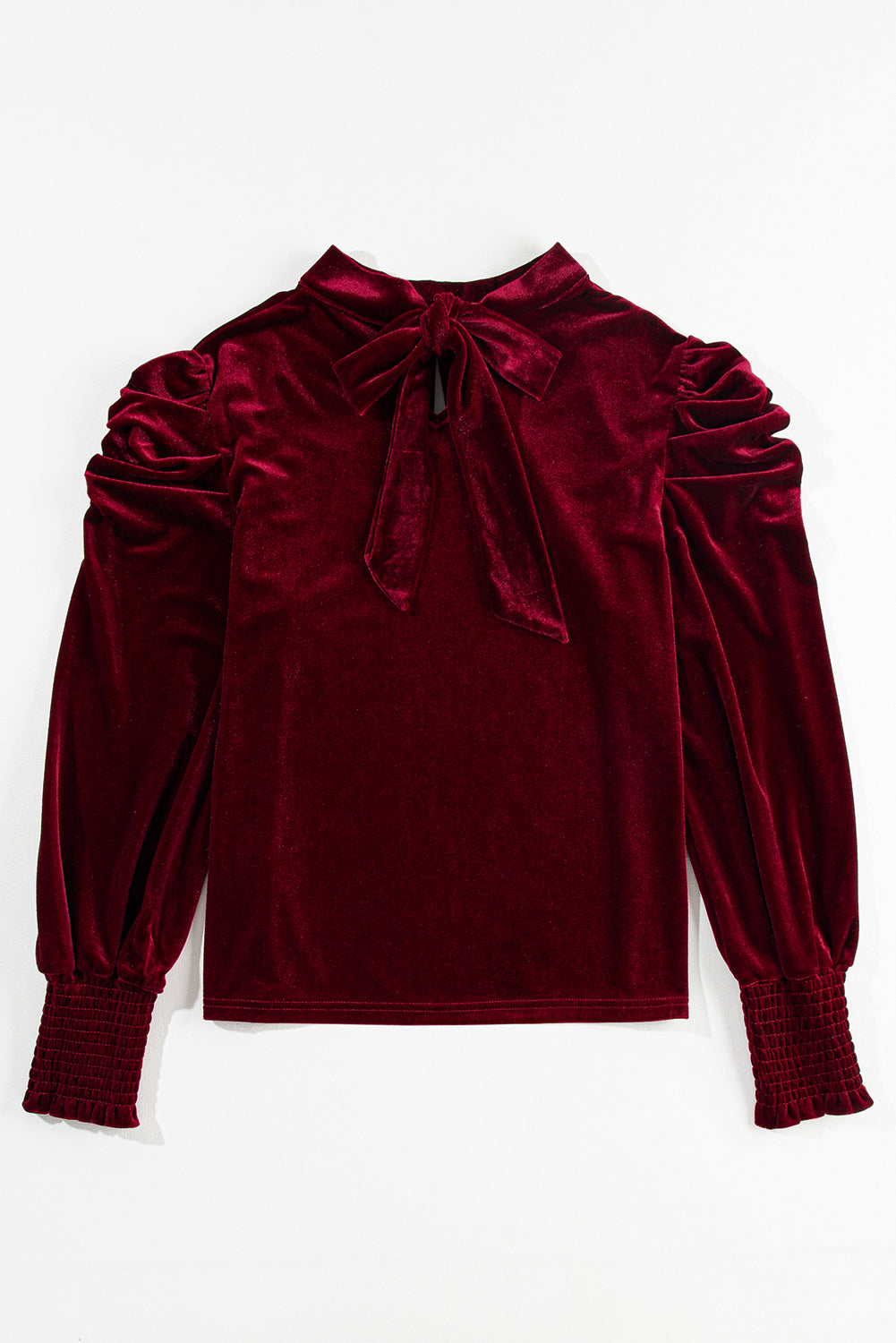 Fiery  Mock Neck Puff Sleeve Velvet Blouse | Red