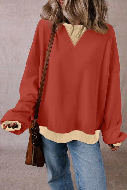 Colour Block Patch Drop Shoulder Oversized Sweatshirt | Red Clay