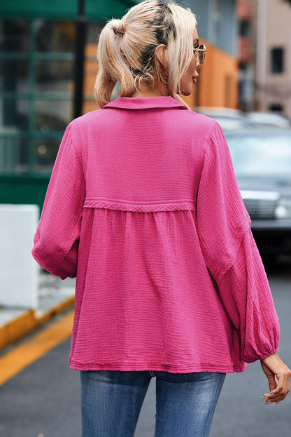 Crinkle Collared V-Neck Bubble Sleeve Flowy Blouse | Rose