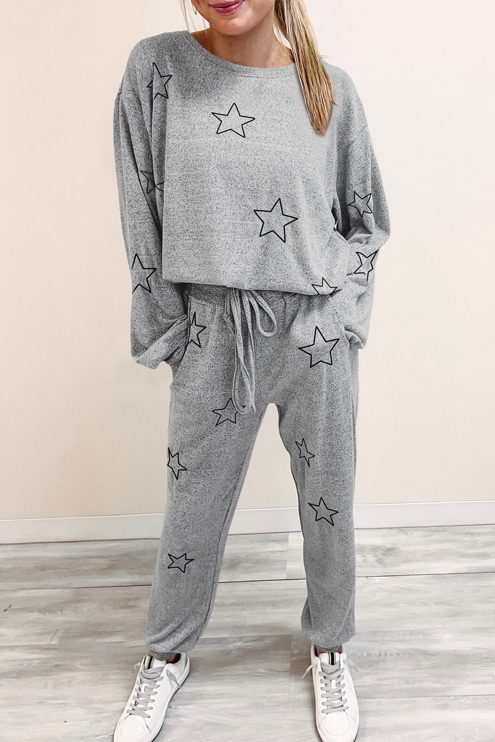 Stars Print Long Sleeve Drawstring High Waist Lounge Set | Gray