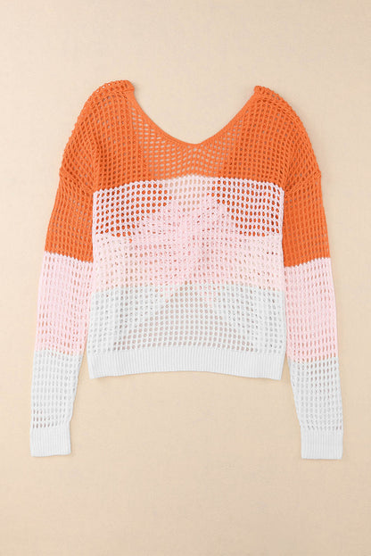 Colour Block Eyelet Long Sleeve Twisted Back Knit Top | Multicolour