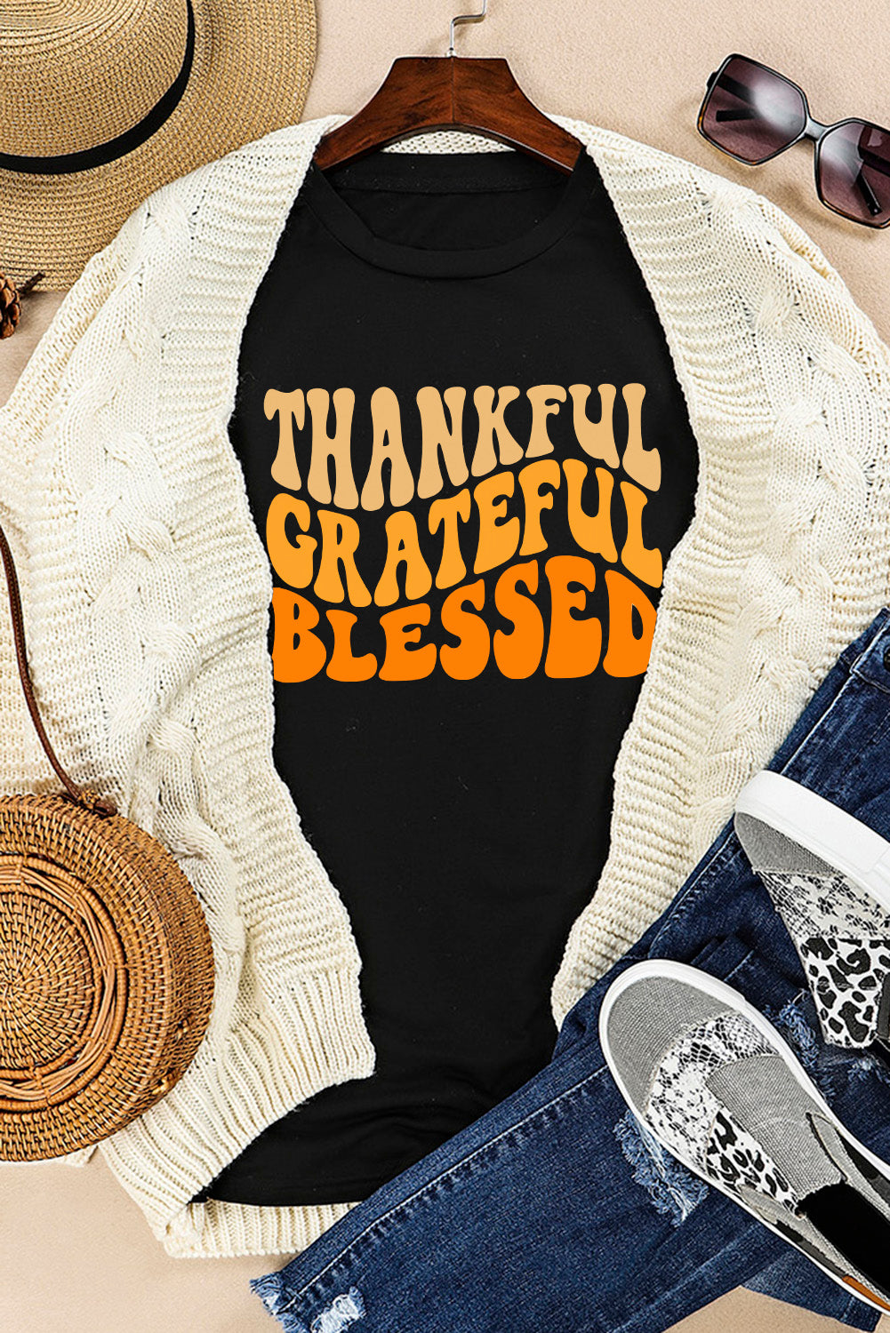 Thankful Grateful Blessed Crew Neck Graphic Tee | Black