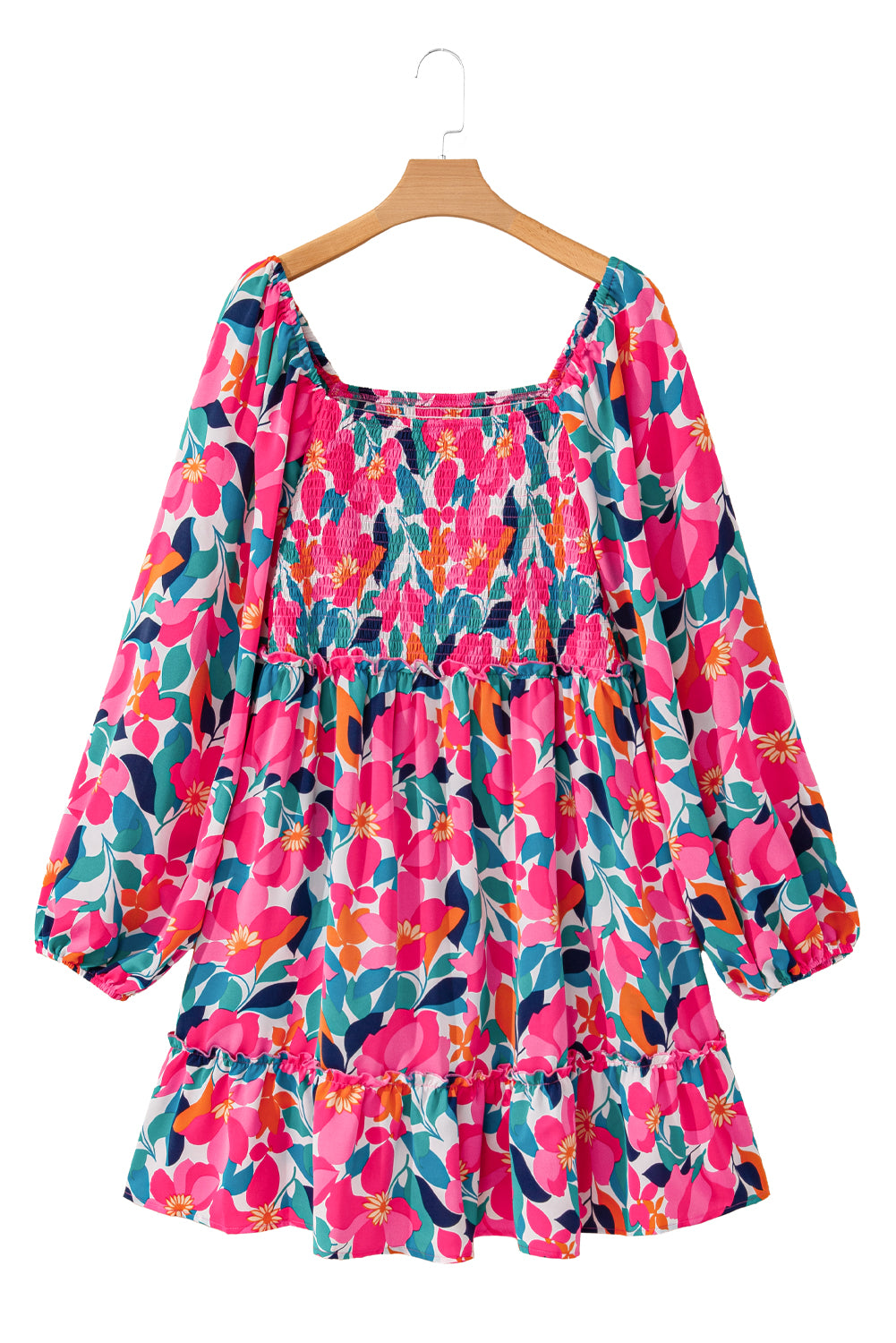 Flower Print Smocked Square Neck Plus Size Dress | Rose