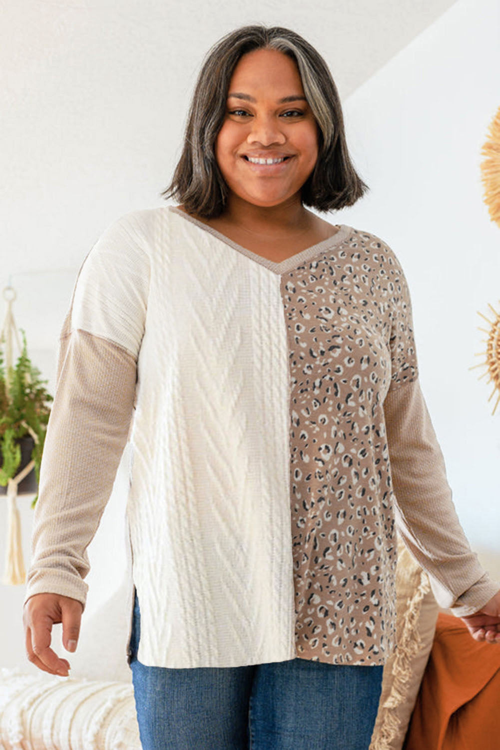 Plus Size Leopard Patchwork Mix Knit Long Sleeve Top | Gray