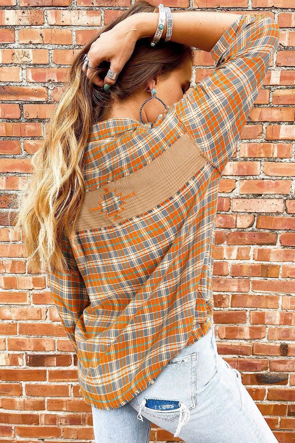 Plaid Embroidery Patch Button-Down Shacket | Orange