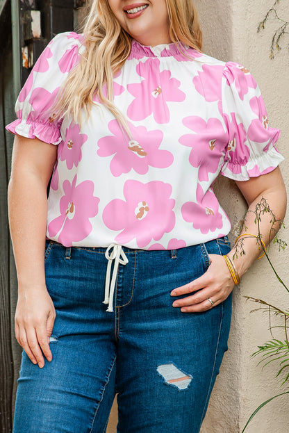 Floral Ruffled Mock Neck Puff Sleeve Plus Size Blouse | Purple