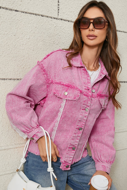 Lace Patchwork Distressed Buttoned Denim Jacket | Pink