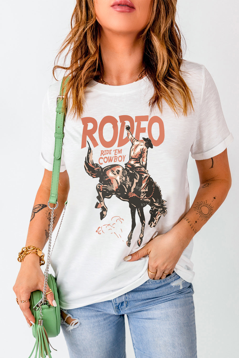 Rodeo Cowboy Graphic Crewneck T Shirt | White