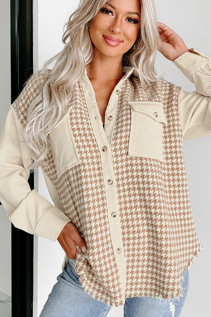 Houndstooth Corduroy Patchwork Flap Pocket Shacket | Parchment