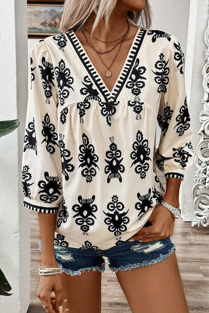 Vintage Geometric Printed 3/4 Sleeve V Neck Blouse | Beige