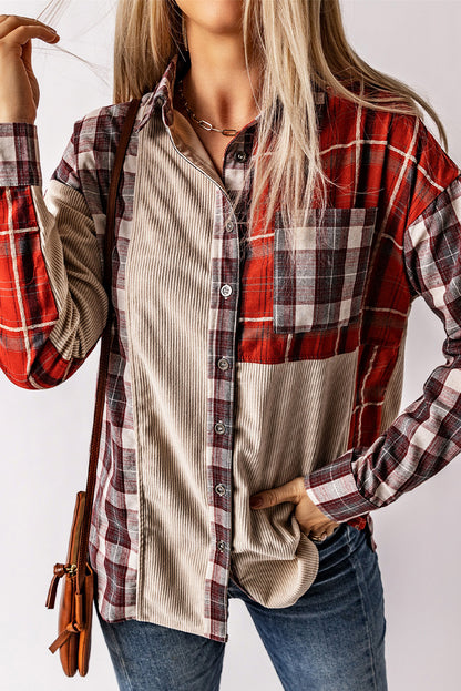 Plaid Corduroy Patchwork Shacket | Red