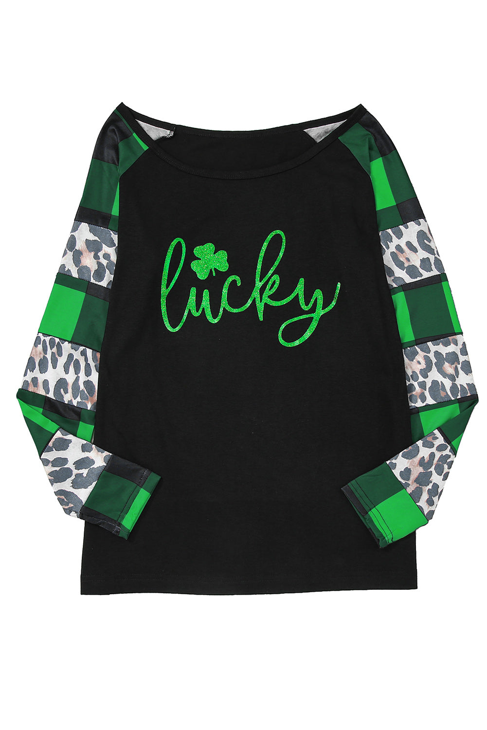 Lucky Clover Glitter Graphic Leopard Plaid Splicing Top | Green