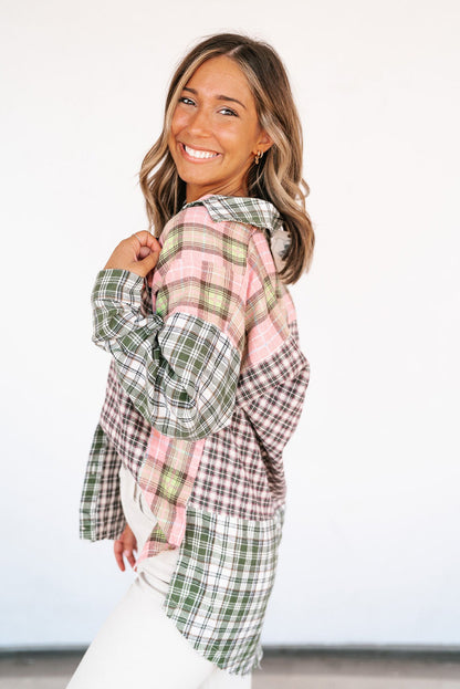 Plaid Patchwork High Low Oversized Shirt | Multicolour