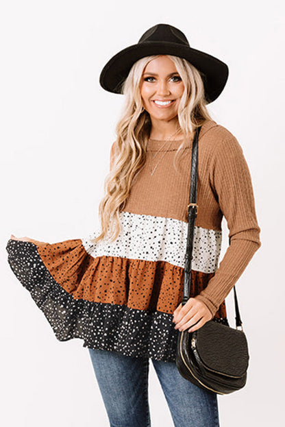 Ribbed Long Sleeve Dotted Tiered Ruffled Flowy Top | Brown