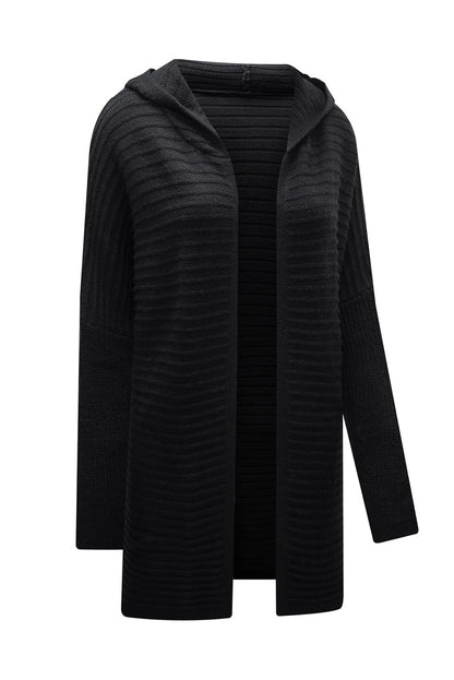 Horizontal Rib Knitted Open Front Hooded Cardigan | Black