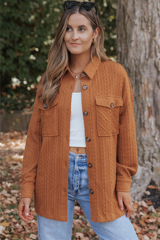 Orange Textured Knit Oversize Flap Pocket Shacket