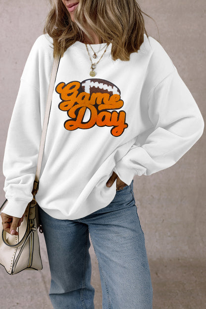 Chenille Game Day Rugby Football Pattern Pullover Sweatshirt | White