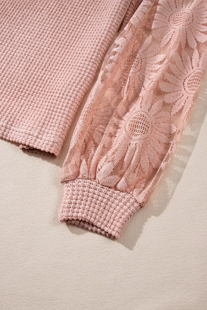 Sunflower Mesh Bubble Sleeve Waffle Knit Top | Peach Blossom