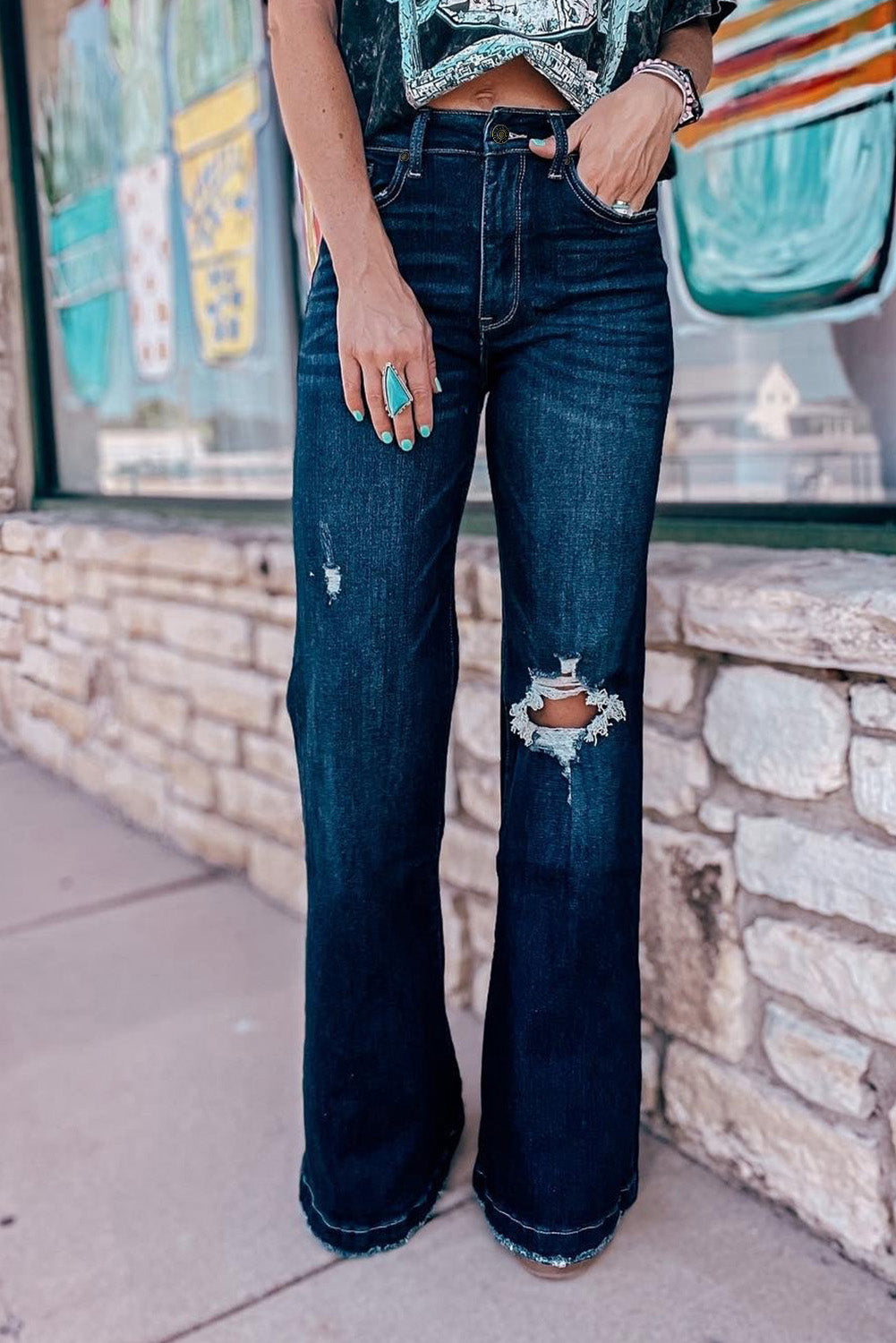 High Rise Ripped Bell Bottom Jeans | Real Teal