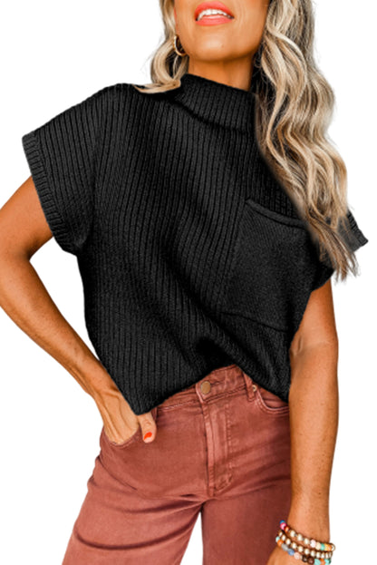 Patch Pocket Ribbed Knit Short Sleeve Sweater | Black