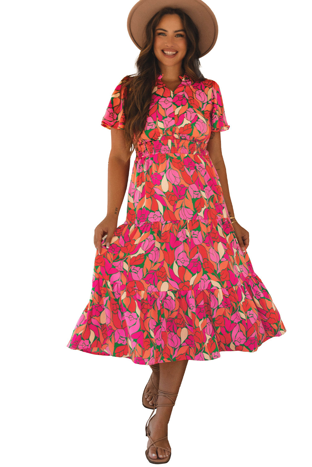 Floral Short Sleeve Smocked Waist Maxi Dress | Rose