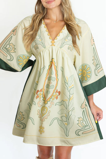 Boho Print V Neck Empire Waist Short Kimono Dress | Multicolour